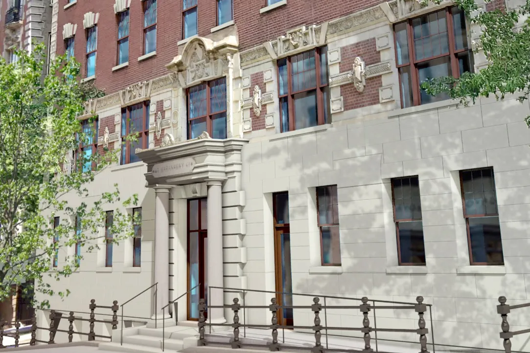 A rendering of 611 W. 112th Street, a building in the Morningside Heights Historic District, that has a repaired brick and granite facade and a new accessible ramp leading to the entrance.