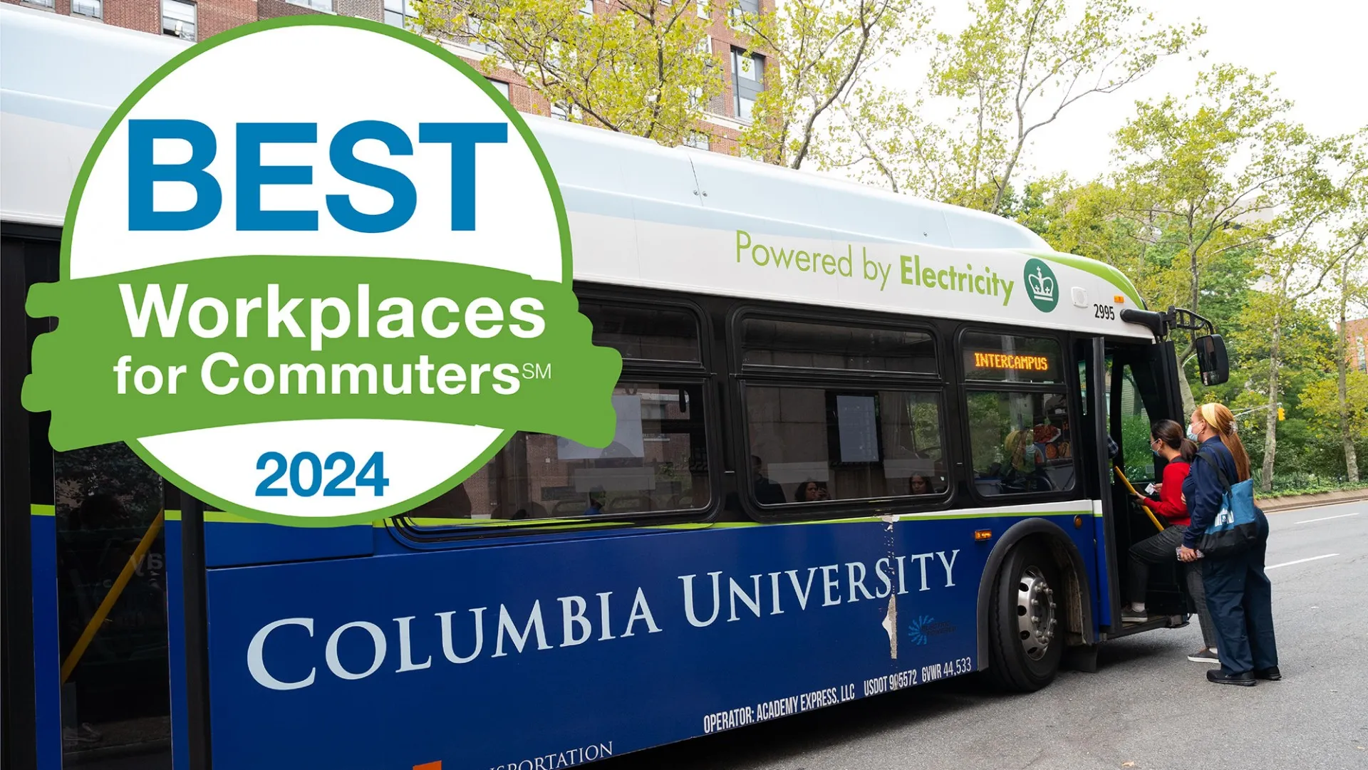 Best Workplaces logo overlaying photo of one of Columbia's electric buses